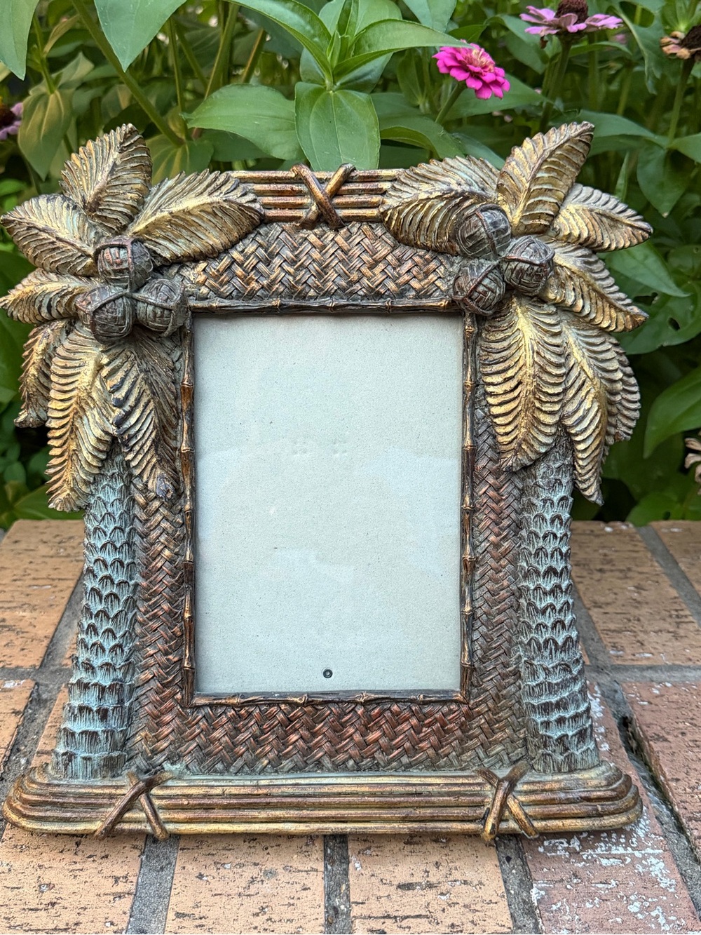 Vintage Heavy Resin Tropical Palm 5X7 Photo Frame in Gold and Green Patina  12”